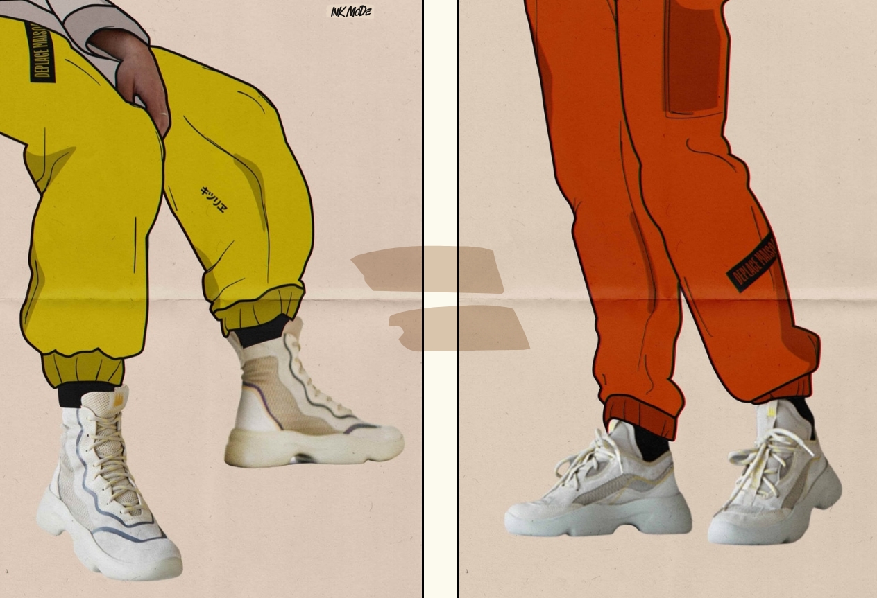 real photos of people wearing sneakers are combined with the stylish illustrations