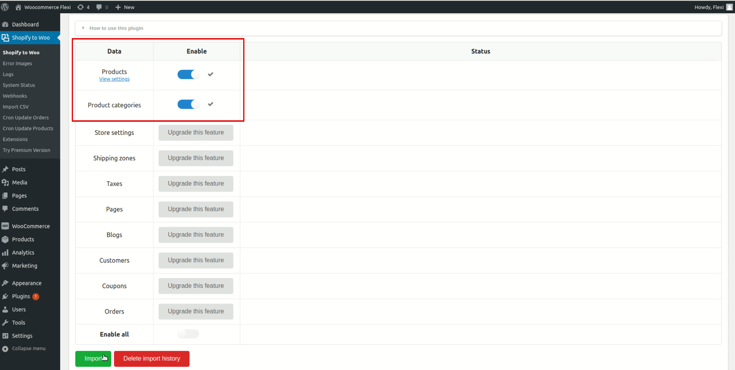 Choosing data categories to migrate