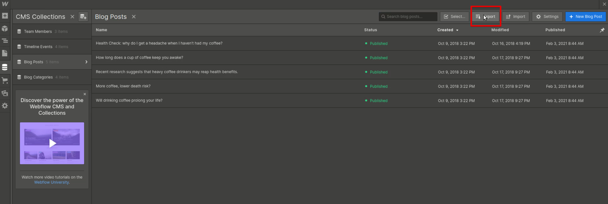 Click Export on the top of the page