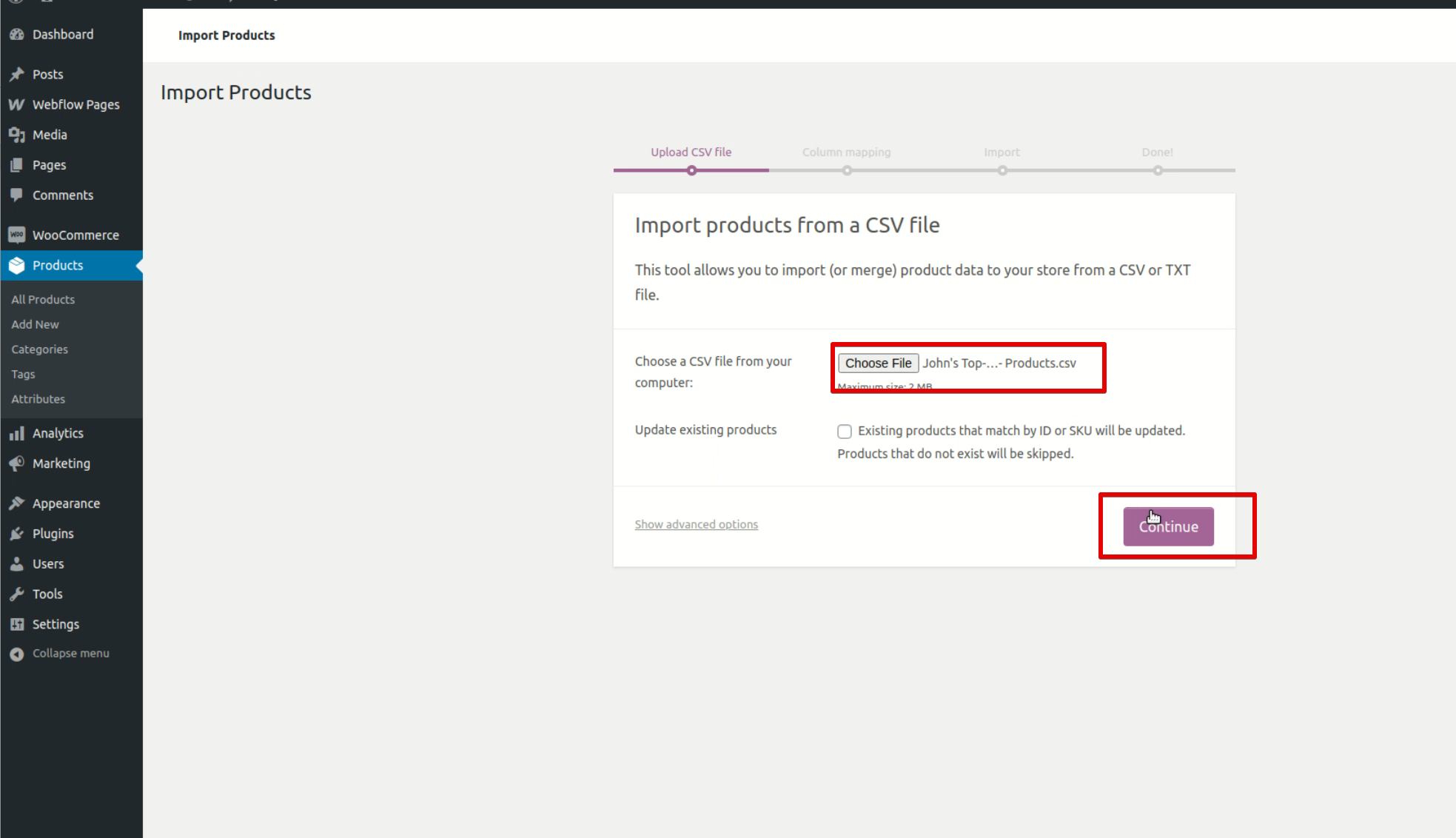 upload the CSV file with products