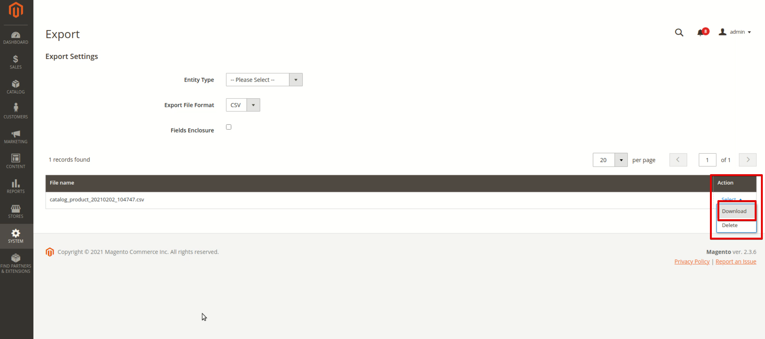 Select Download from the drop-down in front of the file name