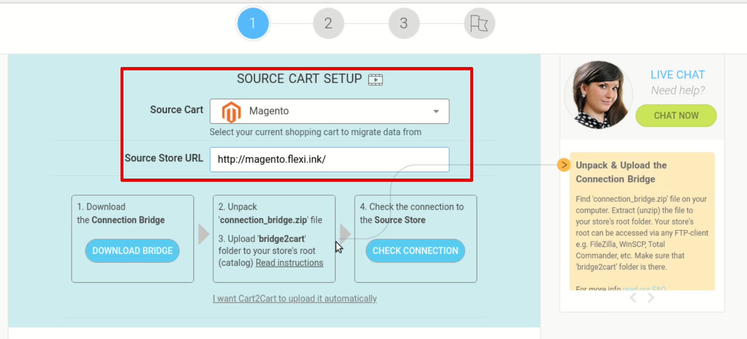 you need to connect a source cart (Magento)