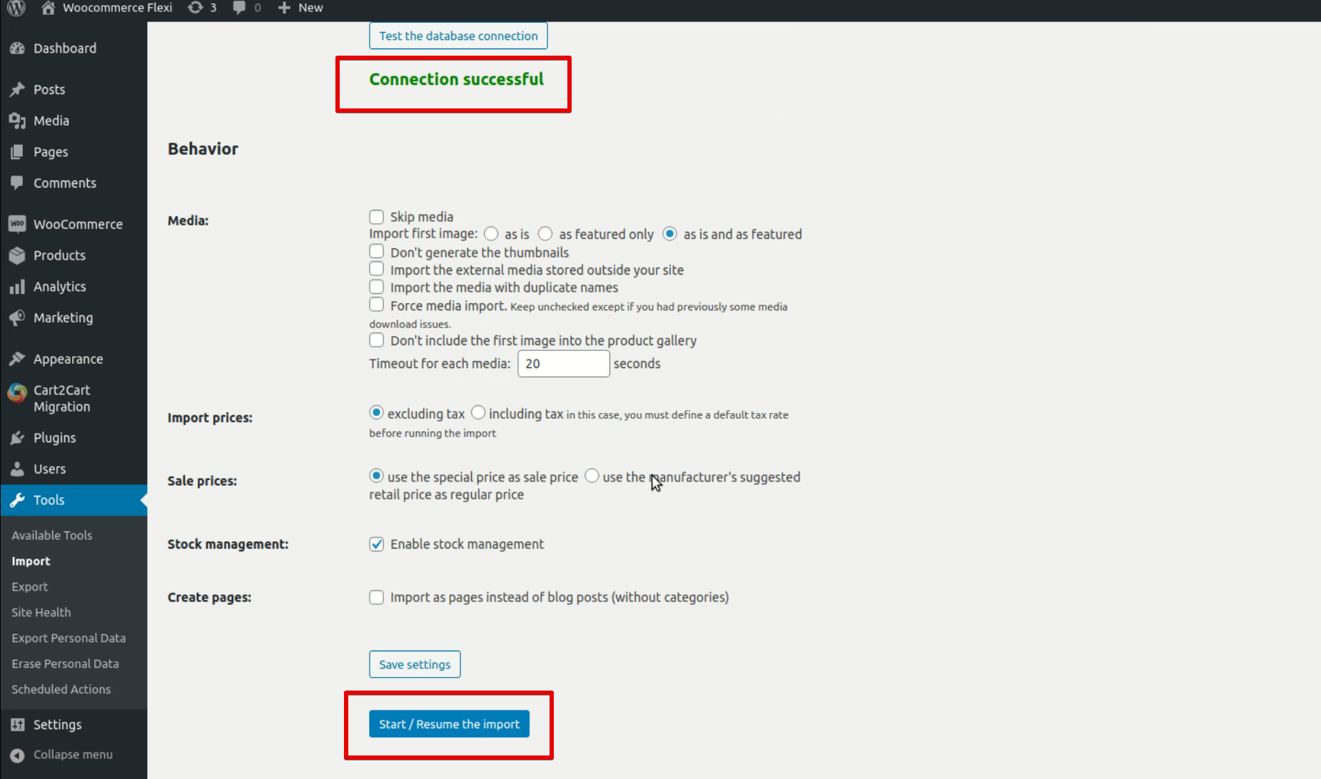 Start/Resume the import on the bottom